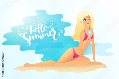 vector illustration of detailed flat blonde girl holding a cocktail. She is lying on a beach. Poster with lettering - hello summer