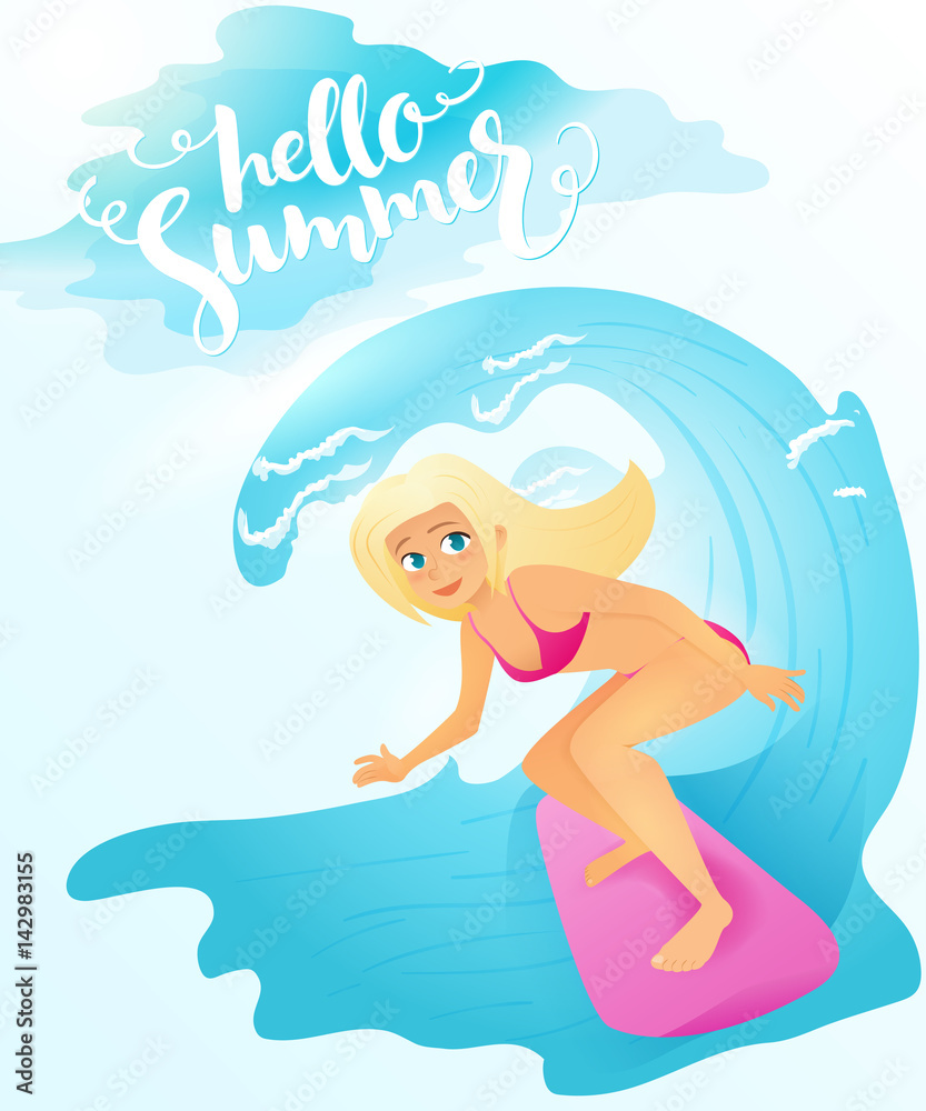 Vector illustration of detailed flat blonde surfer girl riding on surfboard by the sea wave with lettering - hello summer