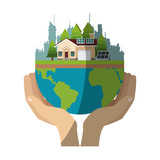 earth planet with house with solar panels over white background. colorful design. vector illustration