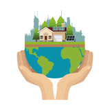 earth planet with house with solar panels over white background. colorful design. vector illustration