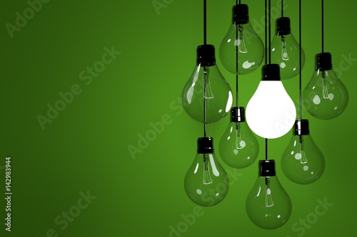 lightbulbs concept with light in green wall background in 3D rendering