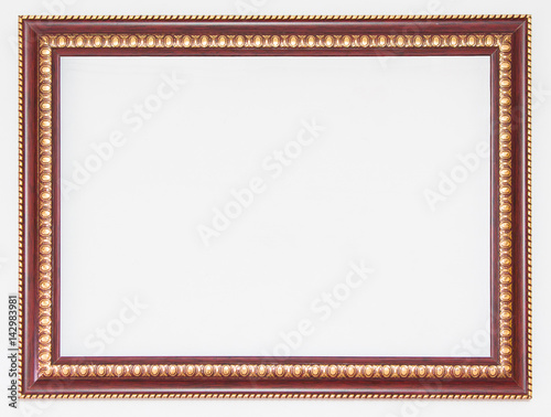 Brown wooden frame with gold edges on white background.