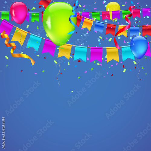 Abstract colored background with balloons  garlands of colored flags  streamers and confetti. Holiday greeting card for Christmas  new year  birthday or anniversary. Template for your inspiration