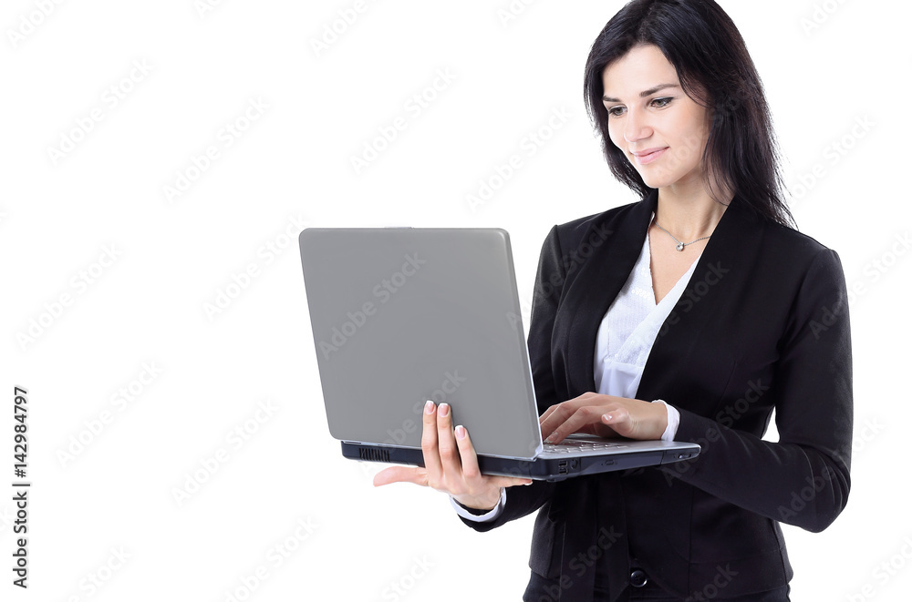 Businesswoman working at a laptop full length isolated, white background Businesswoman working at a laptop full length isolated, white background