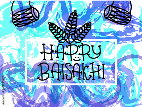 Card with text Happy Baisakhi. New year in Punjab. The celebration of the festival Baisakhi in India. Print for holiday. Vector