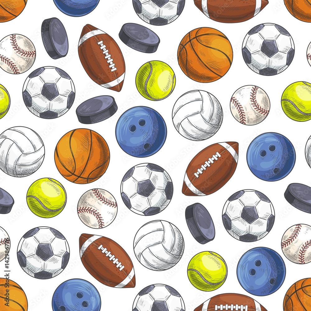 Sport seamless pattern with sketch game balls