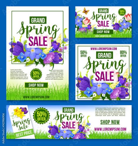 Spring sale vector flowers poster banner template