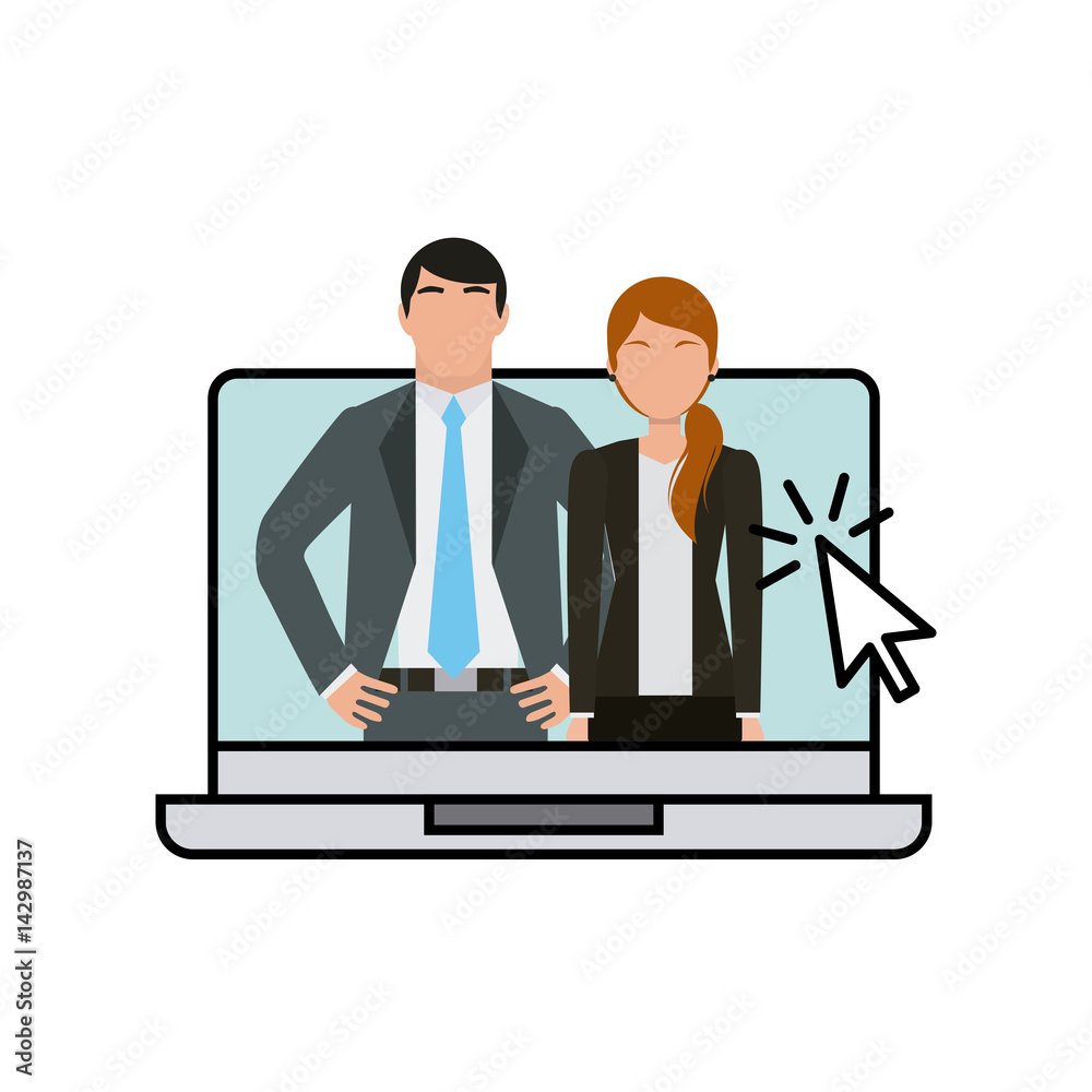 laptop computer with business couple over white background. colorful design. vector illustration