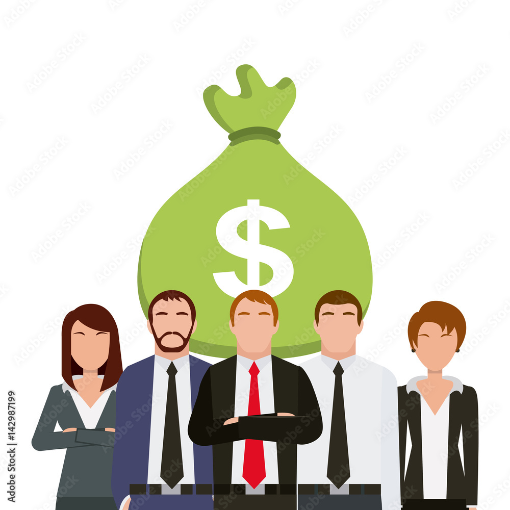 money sack and business people icon over white background. colorful design. vector illustration