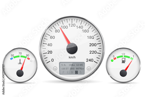 Car dashboard gauges with metal frames. Speedometer, fuel gauge and engine thermometer