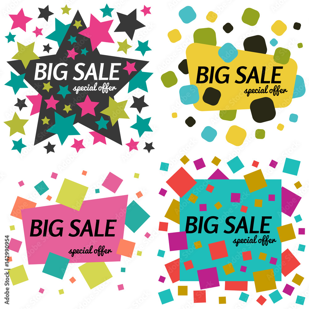 Set of big sale special offer square banners on white background.  Vector background with colorful design elements. Vector illustration.
