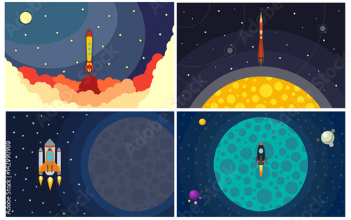 Set of four vector illustration with flying rocket. Space travel.
