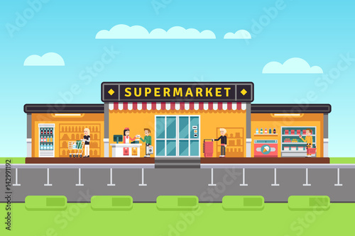 Fototapeta Naklejka Na Ścianę i Meble -  Supermarket, store, hypermarket building with shopping people and seller assistants vector illustration