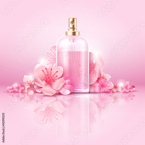 Skin care cosmetic vector concept. cosmetic with vitamin and collagen in bottle and sakura flowers