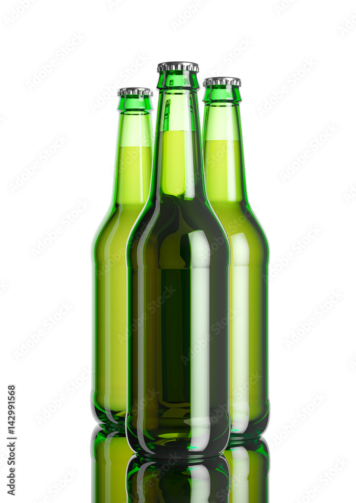 The bottle of beer on the white softbox background and mirror table. 3D rendering mockup The bottle of beer on the white softbox background and mirror table. 3D rendering mockup