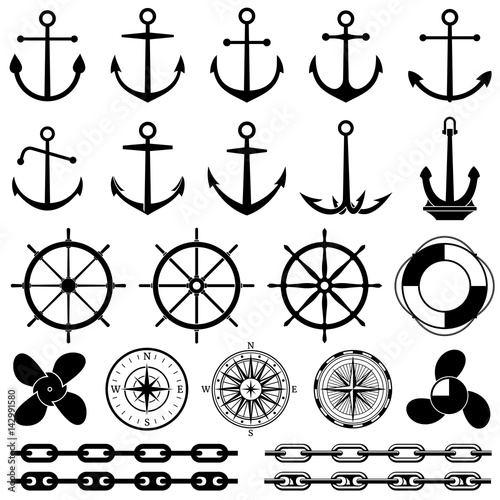 Anchors, rudders, chain, rope, knot vector icons. Nautical elements for marine design