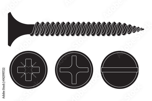 Wood screw. Black fastener with various drives - phillips, frearson and slotted photo