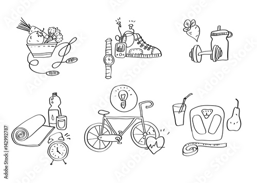 Hand drawn sport equipment icons vector illustration