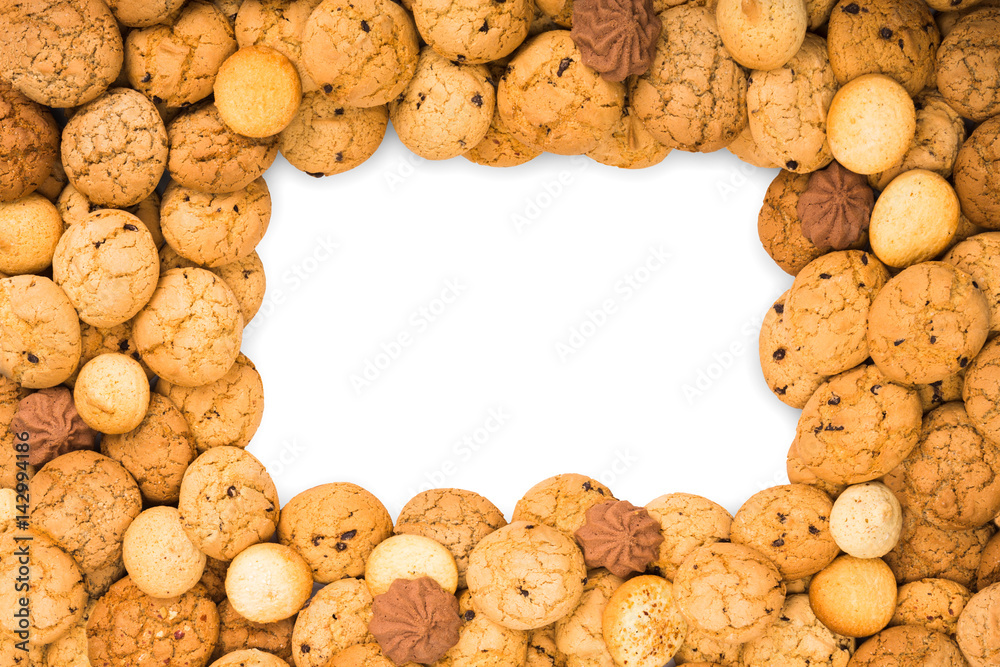 Lots of cookies and biscuits at white with copy space Lots of cookies and biscuits at white with copy space