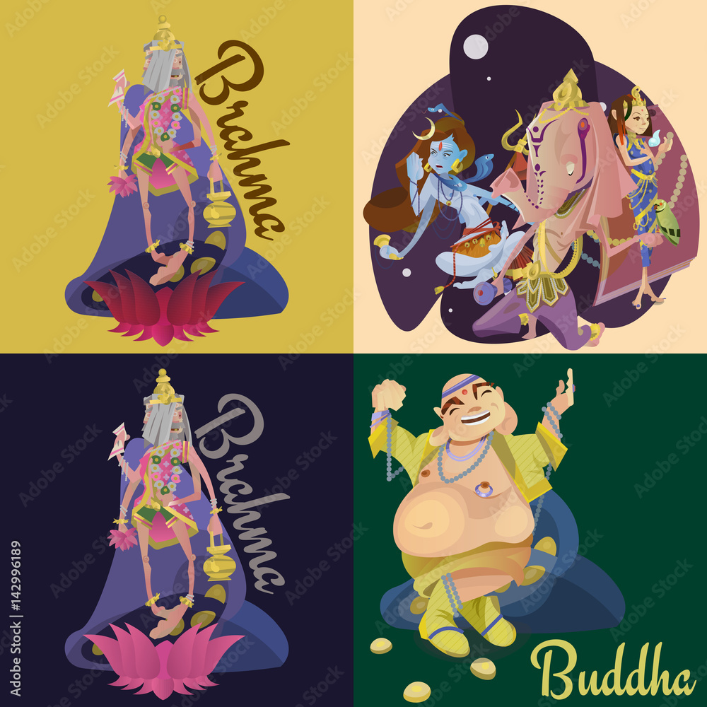 Naklejka premium Set of isolated hindu gods meditation in yoga poses lotus and Goddess hinduism religion, traditional asian culture spiritual mythology, deity worship festival vector illustrations, T-shirt concepts