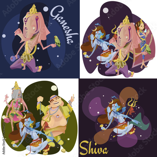 Set of isolated hindu gods meditation in yoga poses lotus and Goddess hinduism religion, traditional asian culture spiritual mythology, deity worship festival vector illustrations, T-shirt concepts