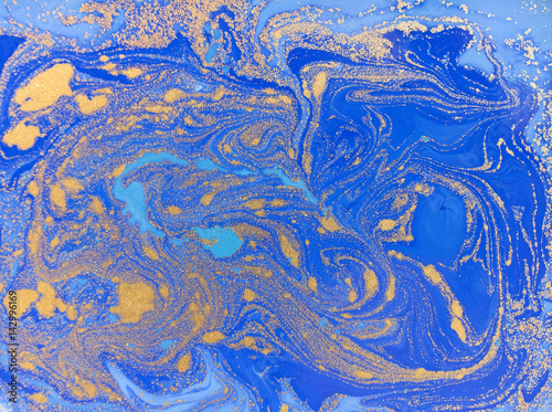 Blue and golden liquid texture, watercolor hand drawn marbling illustration, abstract background