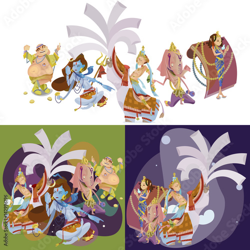 Set of isolated hindu gods meditation in yoga poses lotus and Goddess hinduism religion, traditional asian culture spiritual mythology, deity worship festival vector illustrations, T-shirt concepts