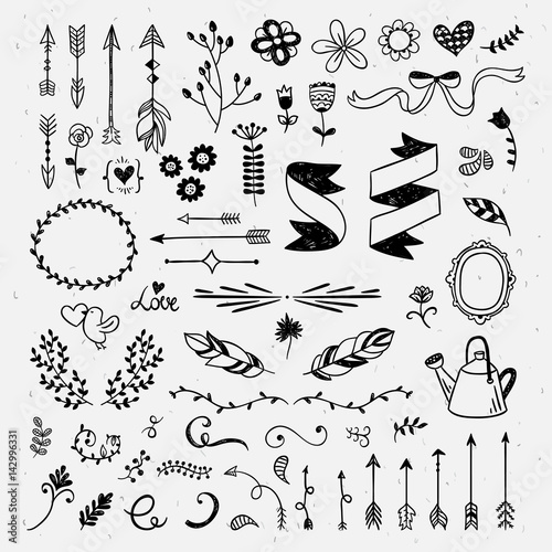 Hand drawn cute hand drawn elements. Hipster wedding card design: flowers, wreaths, ribbons and feather vintage vector illustrations