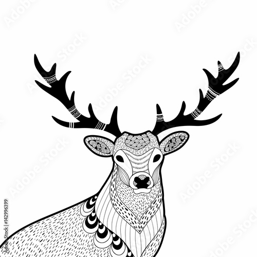 Creative doodle illustration of wild deer, hand drawn for the coloring book.