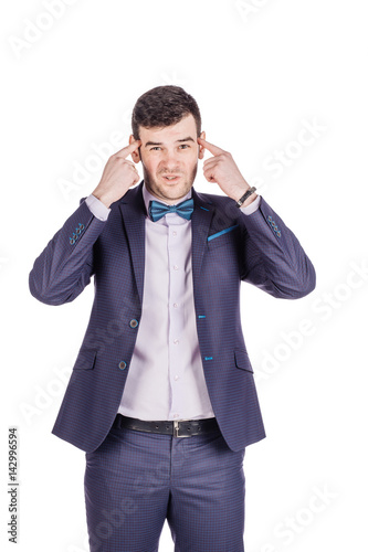 businessman gesturing with his finger against temple asking are you crazy? emotions, facial expressions, feelings, body language, signs. image on a white background.