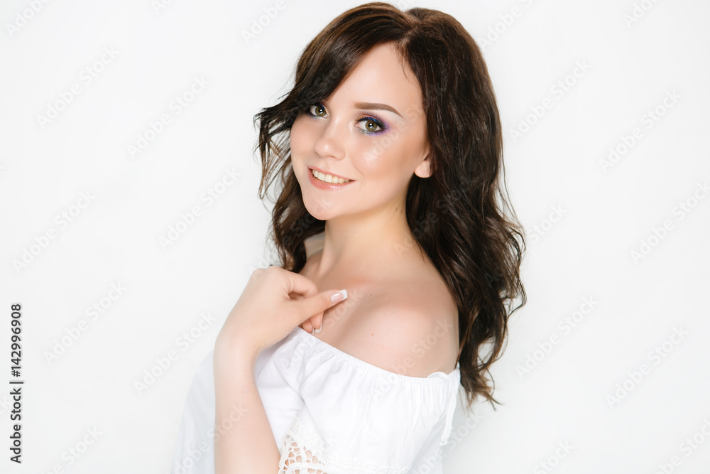 Cheerful young brunette girl with permanent make-up, isolated on white background Cheerful young brunette girl with permanent make-up, isolated on white background