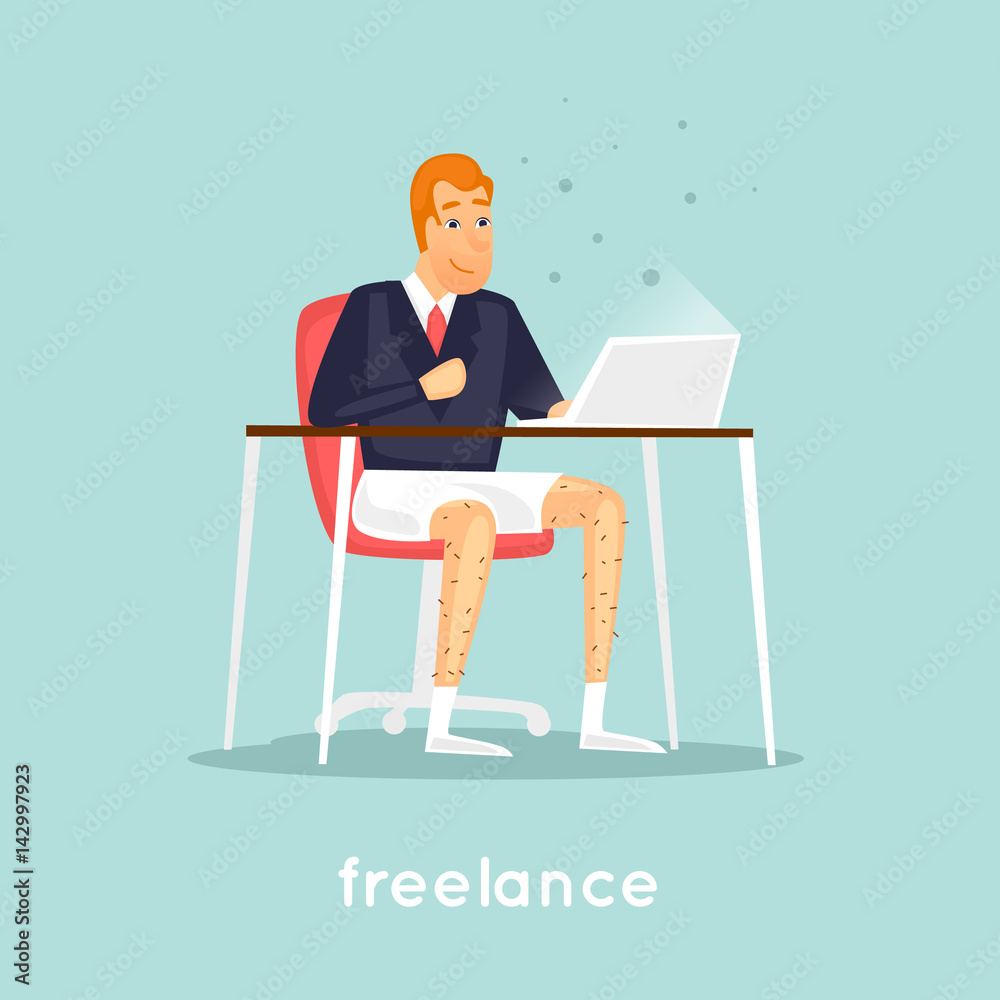 Freelancer is sitting at the table. Flat vector illustration in cartoon style. Freelancer is sitting at the table. Flat vector illustration in cartoon style.