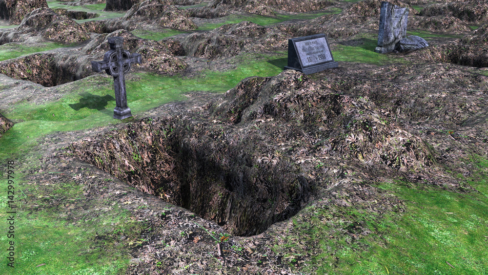 view of the dug grave and the empty grave. Headstone with name and date