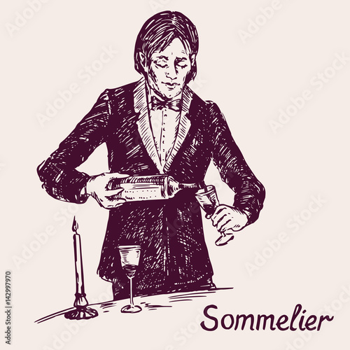 Portrait of a young male sommelier, serving wine, black and white vector illustration