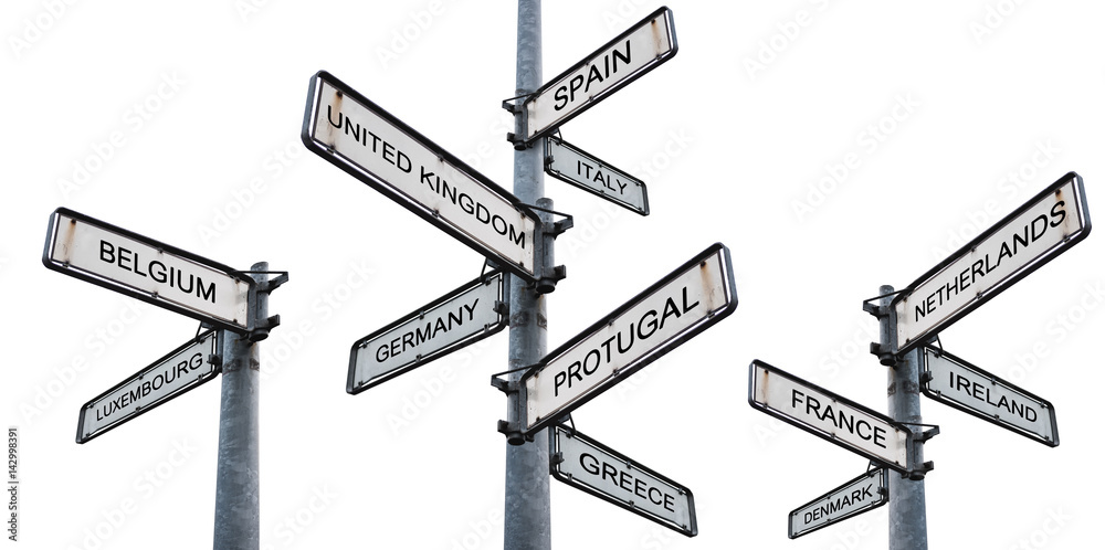 Fototapeta premium Europe destinations signpost, isolated on white backgrounds