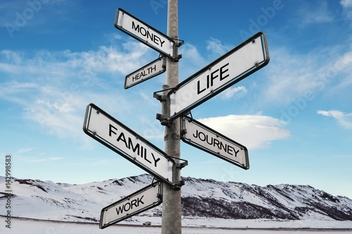 Life balance choices signpost, with blue sky background © SasinParaksa