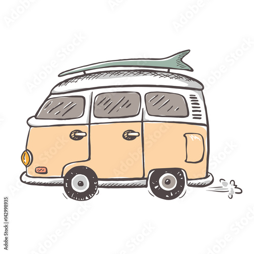 Icon of Old Style Minivan Riding. Thorough Sketch Hand drawn Style. classic van icon in retro style, Surfing badge
