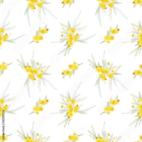 Watercolor seamless pattern with mimosa branches on light-blue background. Repeating texture
