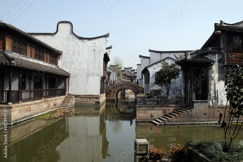 Traditional houses along the Grand Canal, ancient town of Yuehe in Jiaxing, Zhejiang Province, China