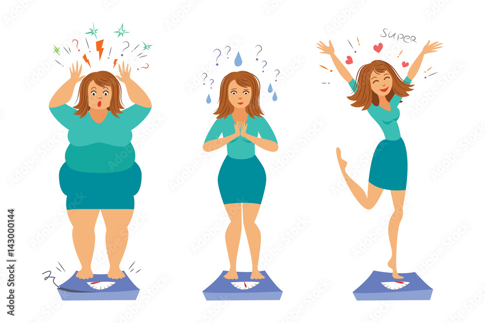 Fat and slim girls. Sadly thick woman and happy slender woman. Before and  after. Weight loss concept. Vector illustration. Stock Vector