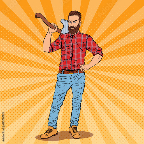 Lumberjack with Beard and Axe. Woodcutter Worker. Pop Art vintage vector illustration