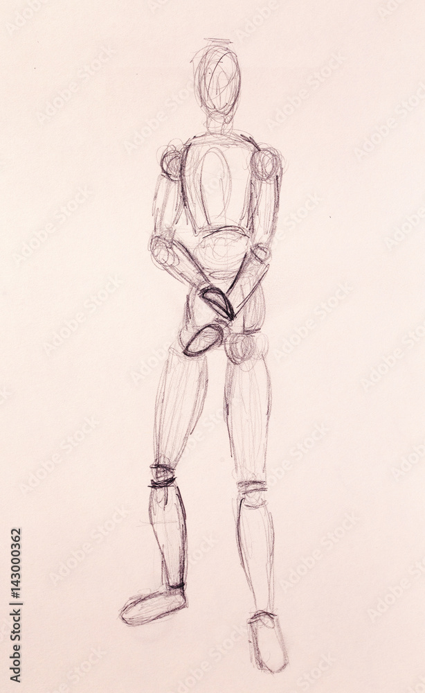 sketch of wooden posable drawing figure for artists on abstract background.