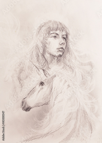 sketch of courageous young woman with unicorn on white paper background.