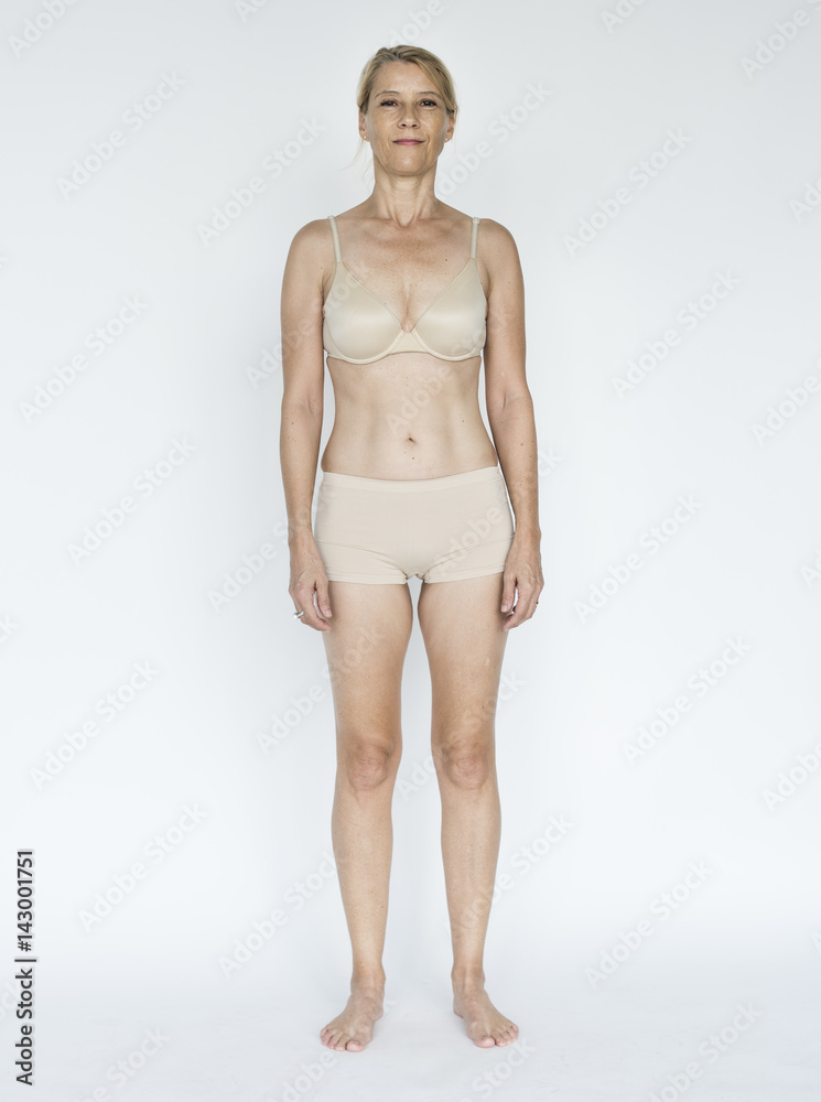 Senior Adult Woman Smiling Happiness Lingerie Studio Portrait Senior Adult Woman Smiling Happiness Lingerie Studio Portrait