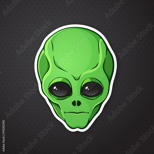 Vector illustration. Head of the alien with green skin. Sticker in cartoon style with contour. Decoration for greeting cards, patches, prints for clothes, badges, posters, emblems