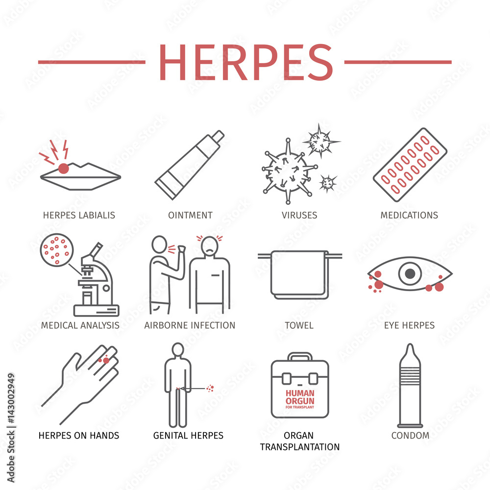 Fototapeta Herpes. Symptoms, Treatment. Line icons set.