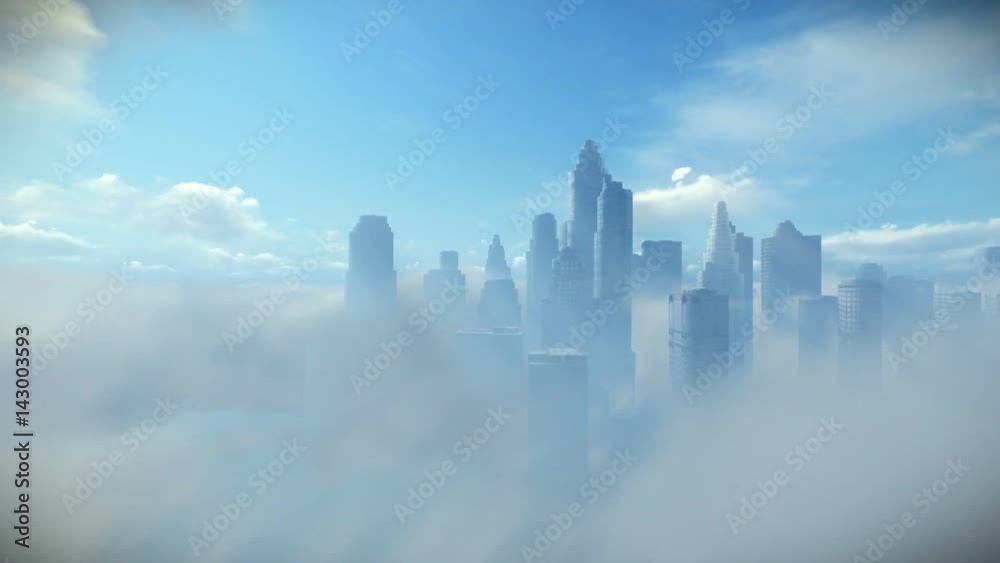 City skyline above clouds, dolly camera