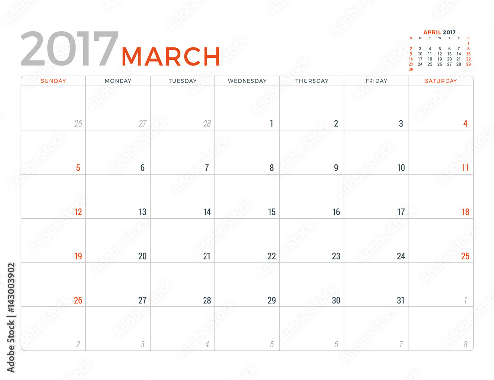 2017 Calendar Planner Vector Design Template. March. Week Starts Sunday 2017 Calendar Planner Vector Design Template. March. Week Starts Sunday