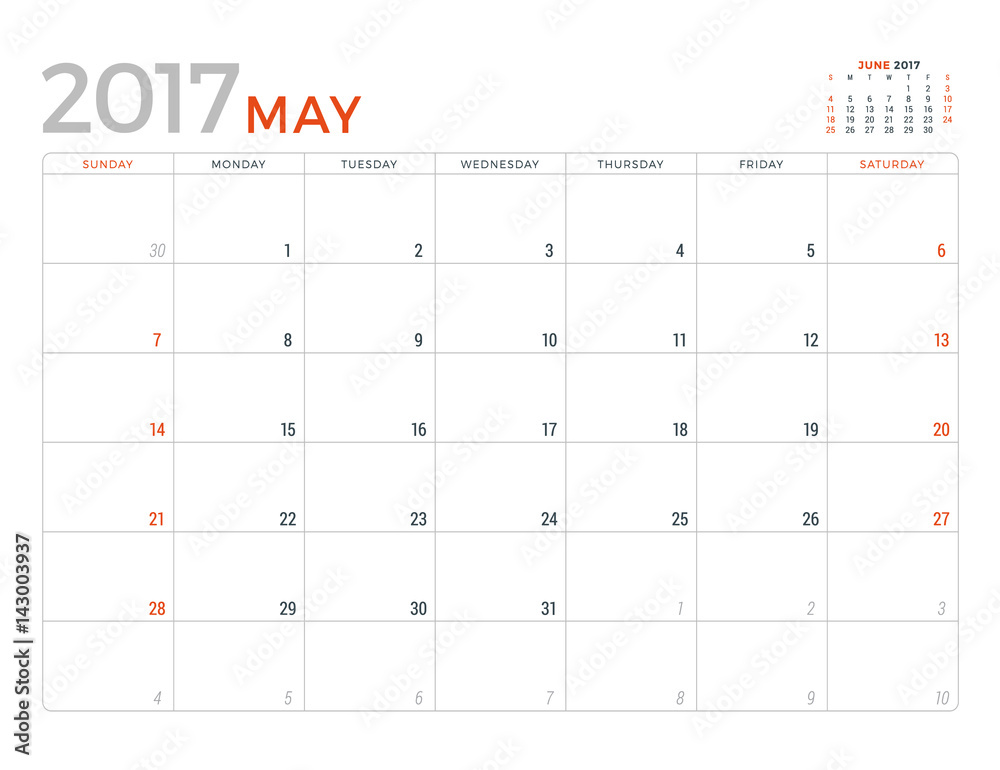2017 Calendar Planner Vector Design Template. May. Week Starts Sunday 2017 Calendar Planner Vector Design Template. May. Week Starts Sunday