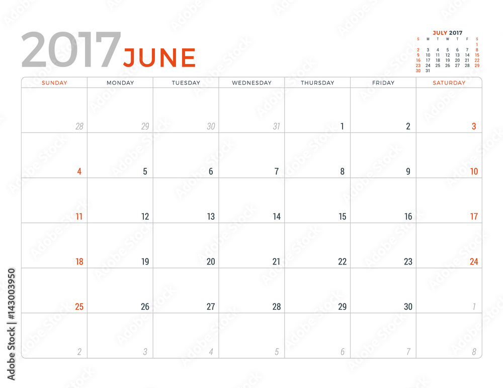 2017 Calendar Planner Vector Design Template. June. Week Starts Sunday 2017 Calendar Planner Vector Design Template. June. Week Starts Sunday